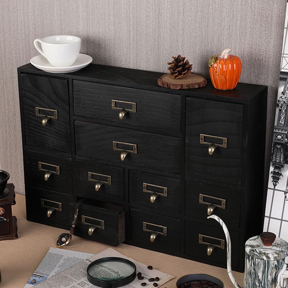 12 Drawers Apothecary Cabinet with Drawers Tabletop Apothecary Drawers Library Card Catalog Cabinet Medicine Cabinets Wood Desk Organizer Wooden Storage Box (Black)