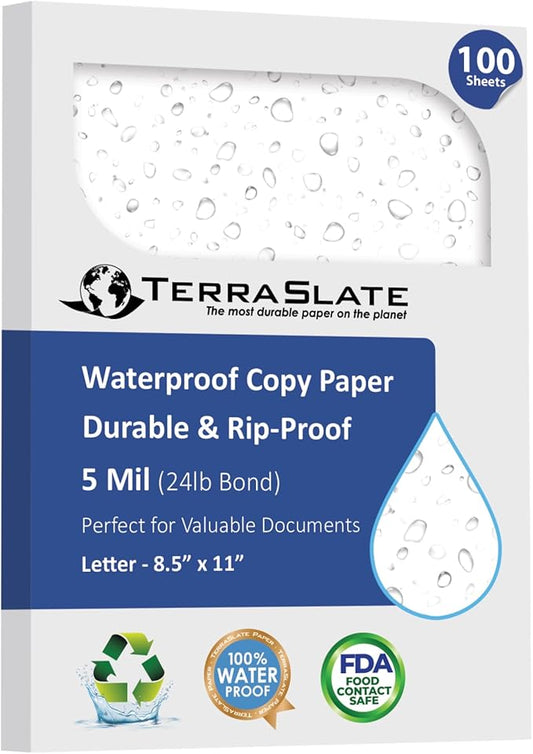 TerraSlate Premium Waterproof Paper, 5 MIL 8.5” x 11”, Laser Printer & Copy Machine Compatible, Durable & Rain/Weather-Proof Copy Paper, White Paper (100 Sheets)