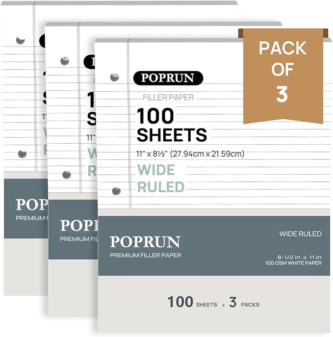 POPRUN Loose Leaf Paper, 8.5" x11" Wide Ruled, 100GSM / AA Grade Bulk Lined Filler Sheets, 3 Hole Punched for Binder Notebook, Office School Supplies, 3 Pack (300 Sheets)
