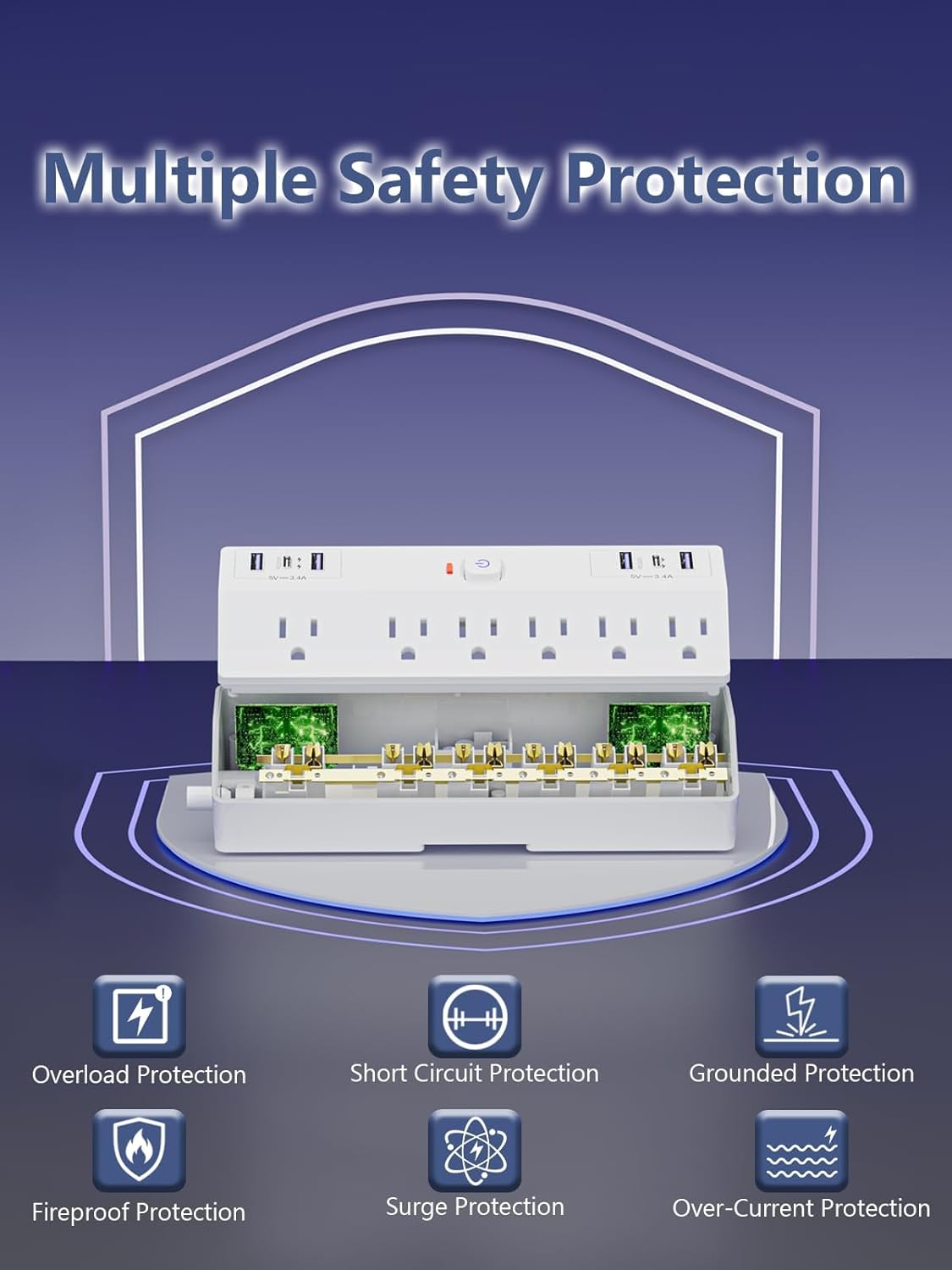Desk Clamp Power Strip, 40W Fast Charging Station, Desktop Mount Surge Protect with 6 Outlets 6USB Ports (2USB C), Removable Power Strip Fits 1.8" Tabletop Edge, 10Ft Extension Cord for Home Office