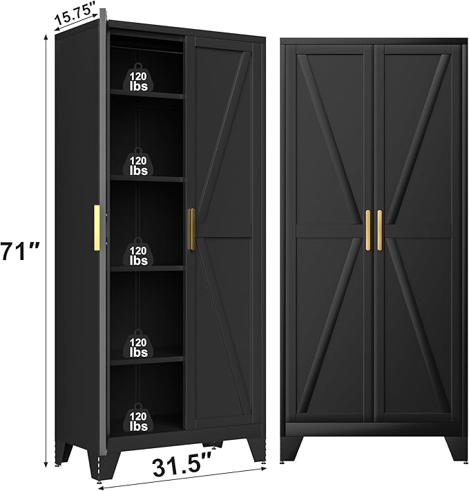 71H Tall Metal Storage Cabinet with 2 Doors and 5 Shelves,Farmhouse Storage Cabinet with Barn Doors,Pantry Storage for Home,Office,Bathroom,Dining Room,Kitchen(Black)