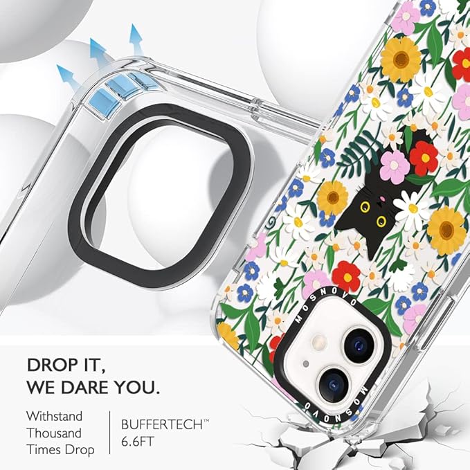 MOSNOVO Case for iPhone 12 & iPhone 12 Pro, [Buffertech 6.6ft Military-Grade Drop Protection] [Anti Peel Off Tech] Clear TPU Bumper Phone Case Cover Design - Black Cat in Garden