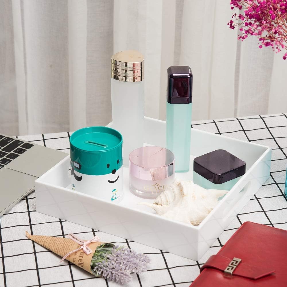 Glossy White Sturdy Acrylic Serving Tray with Handles-10x10Inch-Serving Coffee,Appetizer,Breakfast,Butler-Kitchen Countertop-Makeup Drawer Organizer-Vanity Table,Ottoman Tray-Decorative Tray