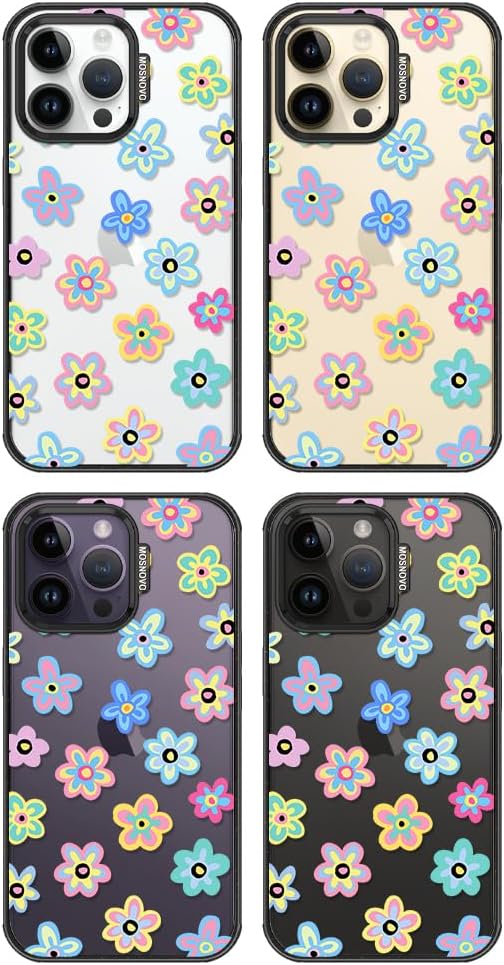 MOSNOVO Case for iPhone 14 Pro Max, [10ft 4X Military-Grade Drop Protection] Durable & Shockproof Phone Case Cover Design for iPhone 14 Pro Max - Groovy Flower - Clear Black