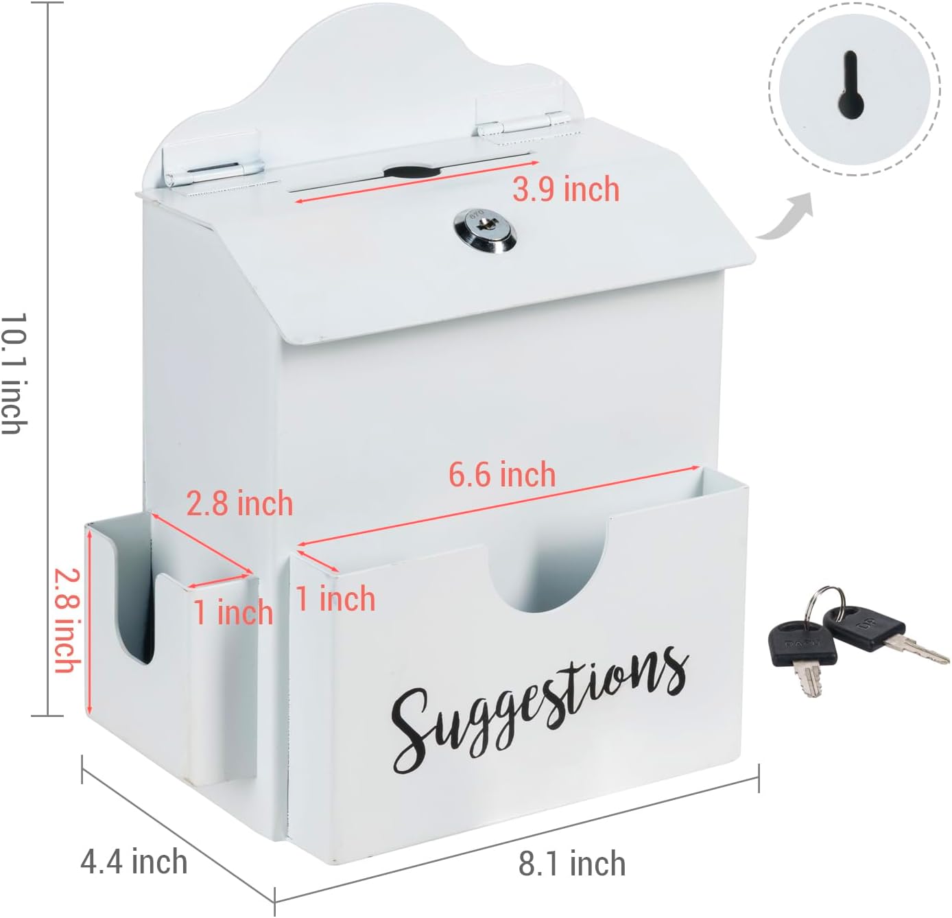 MyGift Classic White Metal Suggestion Box with Cursive Suggestions Lettering, Wall Mounted or Tabletop Comment Box with Lock, Keys, Paper Sheet and Pen Holder Slots