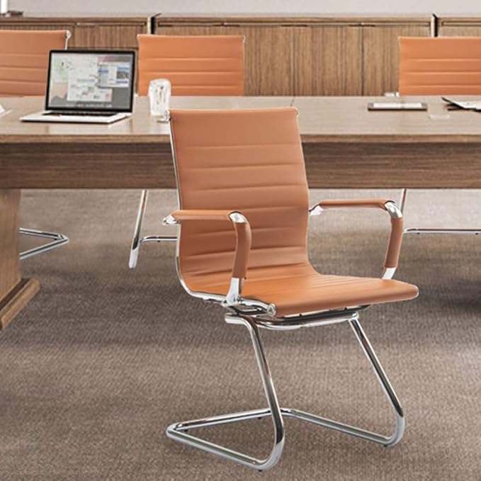 Office Desk Chair Set of 8,No Wheels PU Leather Computer Chairs Mid Back Guest Chairs with Seld Base for School/Reception/Conference/Waiting Room,Terracotta