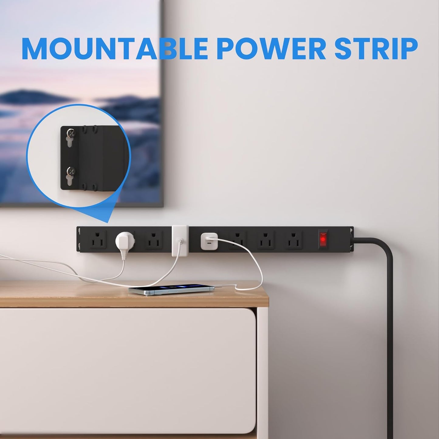 8 Outlet Metal Power Strip 10ft,Heavy Duty Power Strip with Wide Spaced,Black Power Strip with Long Cord for Kitchen,Office,School,Commercial,Workshop,Industrial,1825W/125V/15A,Black (10FT)