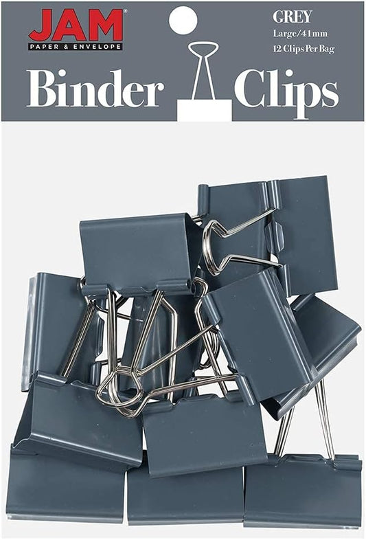 JAM PAPER Colorful Binder Clips - Large - 1 1/2 Inch (41 mm) - Grey Binderclips - 12/Pack