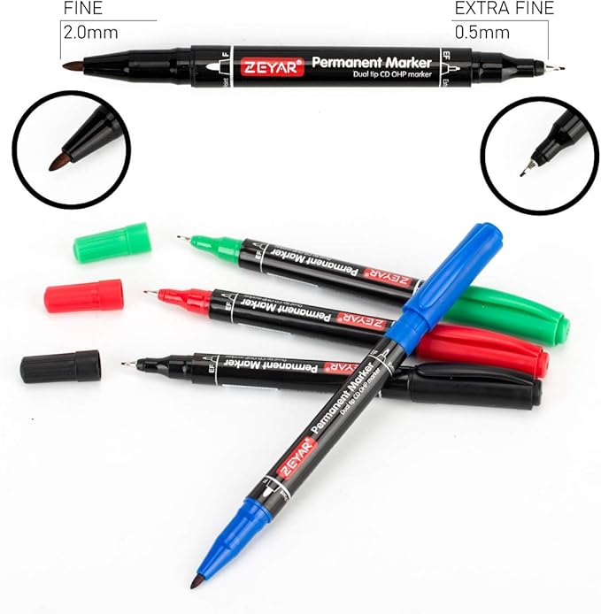 ZEYAR Twin Tip Permanent Markers, CD/DVD Markers, 4 Color, Ultra Fine Point and Fine Point for Signature and Marking (4 Colors, 12 Pack)