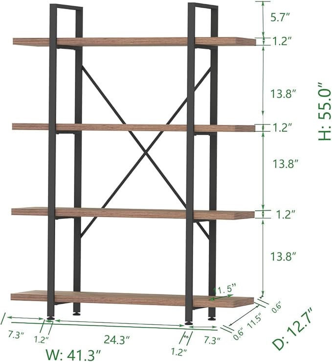 HSH Industrial 4 Tier Bookshelf, Modern Metal and Wood 4 Shelf Bookcase Etagere, Farmhouse Open Wide Display Storage Bookshelves and Bookcases Heavy Duty for Bedroom Living Room Office, Rustic Oak