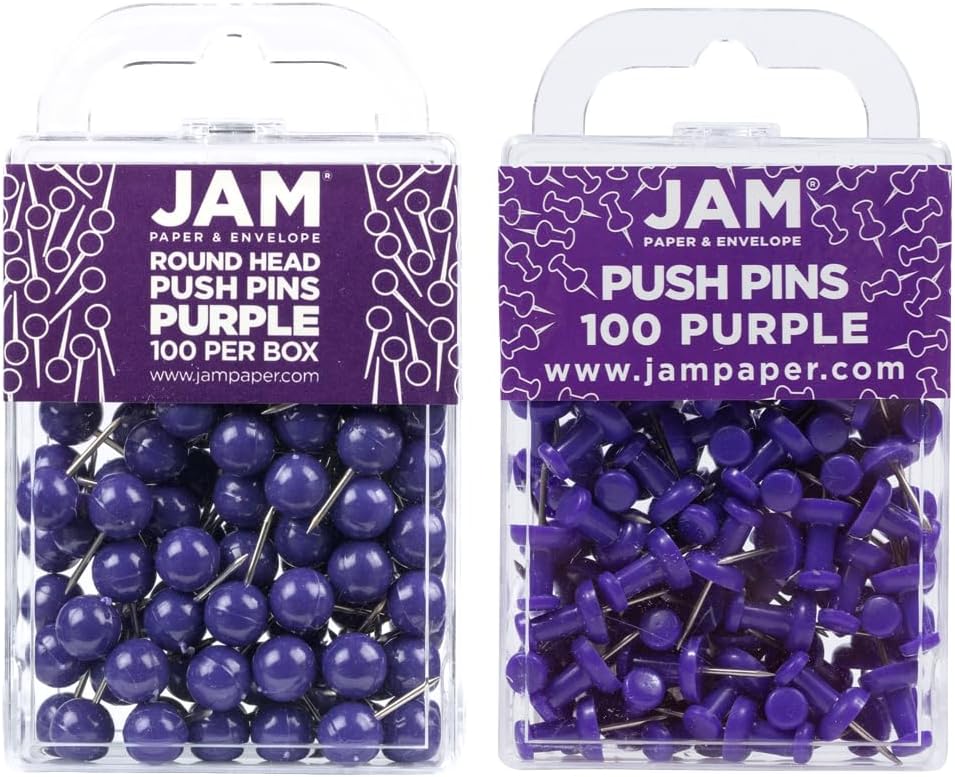JAM PAPER Colorful Push Pins - Flat & Round Head Thumb Tack Combo Set - Purple Pushpins - 200/Pack