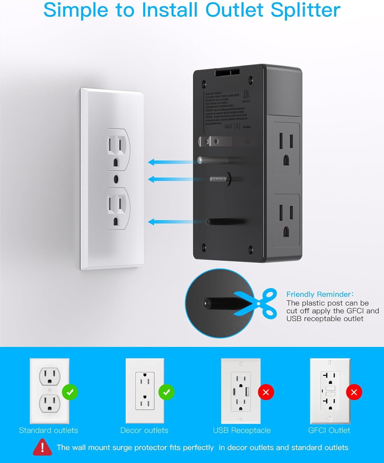 Surge Protector, 5 Outlets Extender with 4 USB Ports(USB C PD20W), 3-Side 1680J Power Strip Multi Plug Outlet Expander, USB Wall Charger, Outlet Splitter Adapter Wall Mount for Home Office(Black)