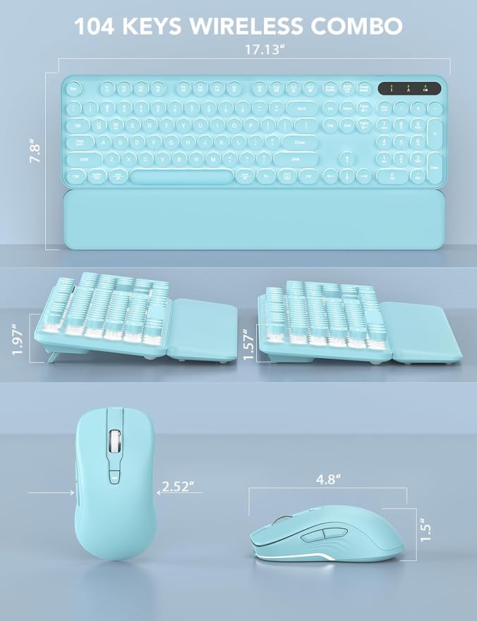 Wireless Keyboard and Mouse Backlit - Typewriter Keyboard with Retro Round Keycaps, Detachable Wrist Rest, Light Up Letters, 2.4G Rechargeable Combo for Mac, Windows, PC, Laptop, Trueque (Aqua Blue)