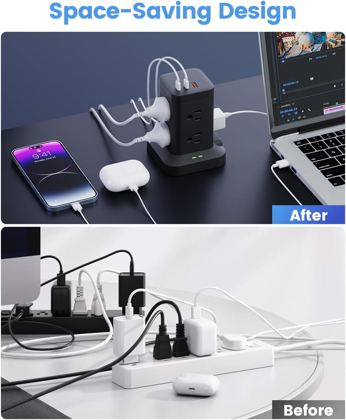 Power Strip Tower with Surge Protector 1800J, Fast Charging Tower PD20W USB-C Ports with 8 AC Outlets, 6ft Extension Cord for Home Office Dorm Room, Black