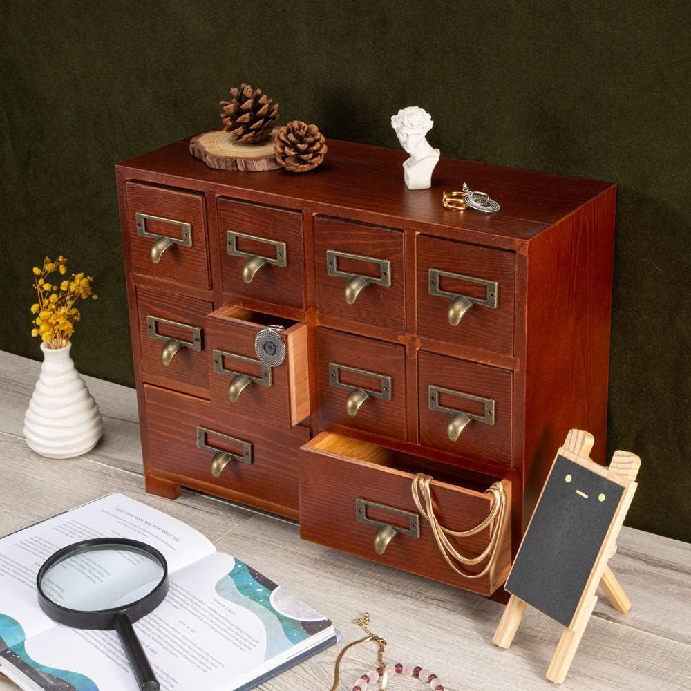 Apothecary Cabinet with 10 Drawers & Labels Rustic Library Card Catalog Cabinet Desktop Wooden Storage Box for Organize Herbal、Tea Bag、Jewelry (Brown)