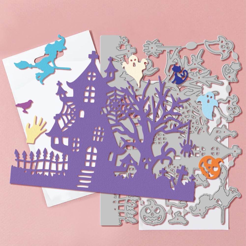 GLOBLELAND Halloween Haunted House Cutting Dies for Card Making Witch Cat Ghost Bat Cut Die for DIY Scrapbooking Journal Embossing Paper Craft Decor