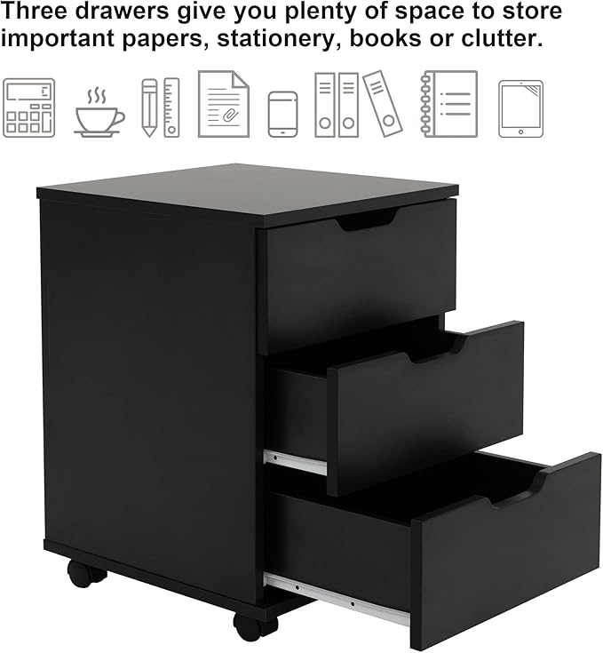 Farini 3-Drawer Vertical Filing Cabinet Rolling Wood Mobile File Cabinets Under Desk for Home Office with Casters (Black, Non-Assembled)