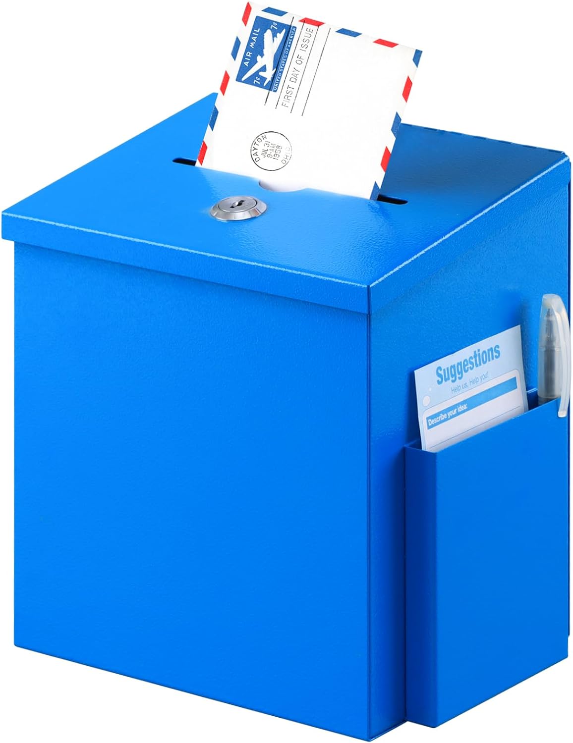 xydled Wall Mounted Ballot & Donation Box with 50 Suggestion Cards, Metal Suggestion Collection Box with Key Lock, Blue, 8.7"x 5.9"x7.1"