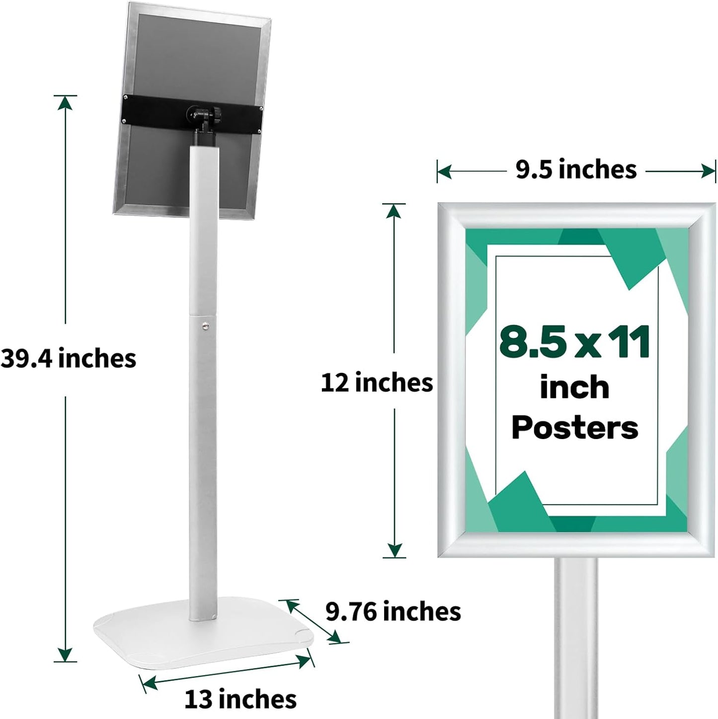 Heavy Duty Pedestal Sign Holder for Display, 8.5 x 11 inches Adjustable Floor Standing Sign Holder with Weighted Base , Vertical and Horizontal View Sign Stand for Indoor/Outdoor Advertising，Silver