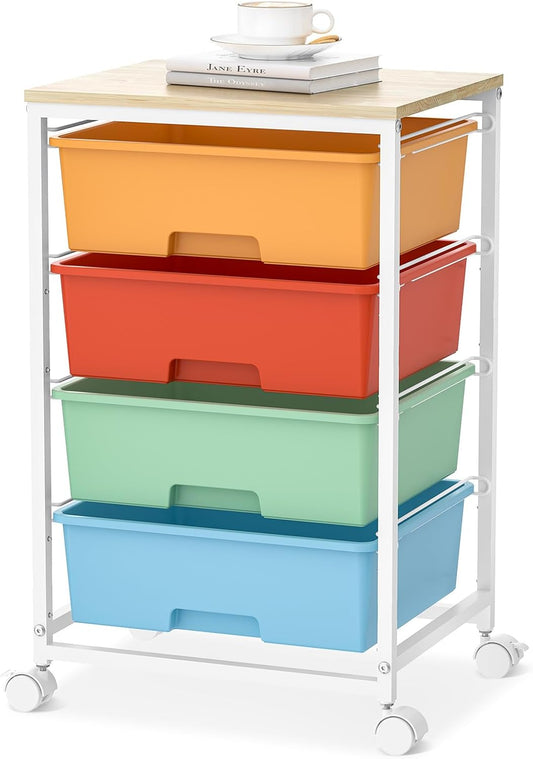 Utility-Rolling-Storage-Drawer-Craft-Cart-Organizer with 4 Drawers and Wooden Tabletop & Lockable Wheels for Home Office, Bedroom, Kids Room, Classroom, 4 Tiers Under Desk Drawer Cart, Macaron
