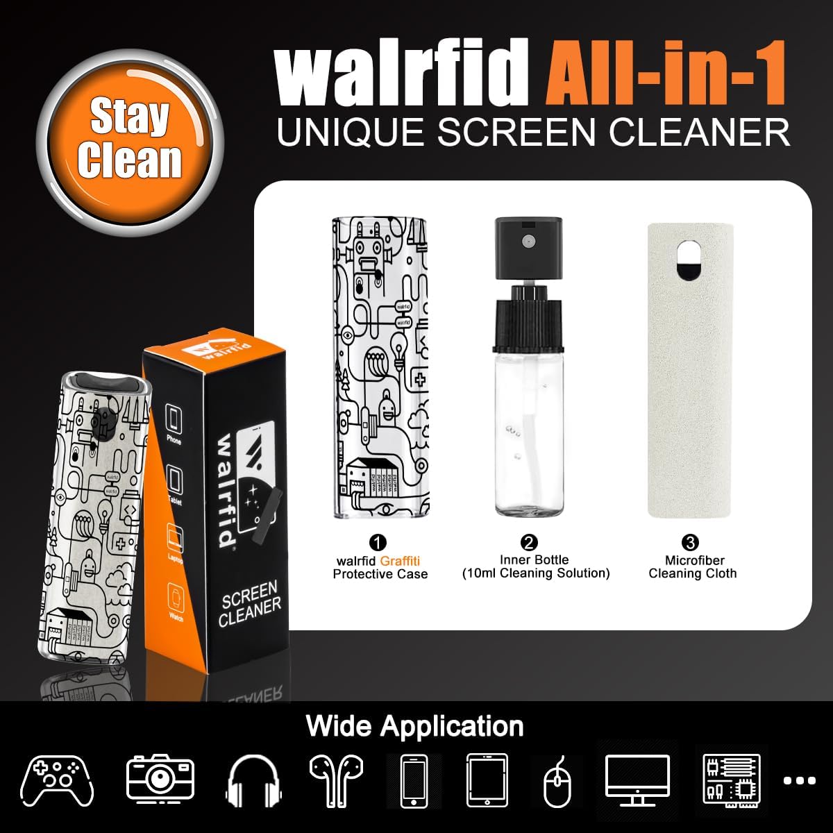 walrfid Laptop Screen Cleaner, Car Screen Cleaner Spray and Wipe, Phone Cleaning Kit for Electronic Computer, iPad, iPhone, MacBook, TV, Monitor, Tablet, Car Display, with Black Graffiti Case - Cream
