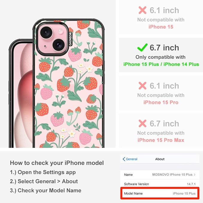 MOSNOVO Case for iPhone 15 Plus, [10ft 4X Military-Grade Drop Protection] Durable & Shockproof Phone Case Cover Design for iPhone 15 Plus / 14 Plus - Strawberry Garden - Clear Black