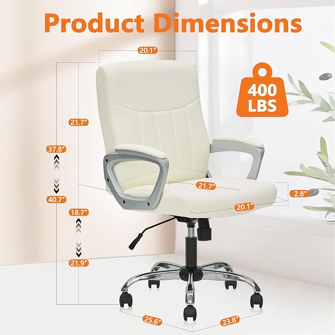 CLATINA Office Computer Desk Chair Executive Mid Back Ergonomic Managerial Chair with Lumbar Support Comfortable Adjustable PU Leather Home Office Chair Swivel, White 8PK