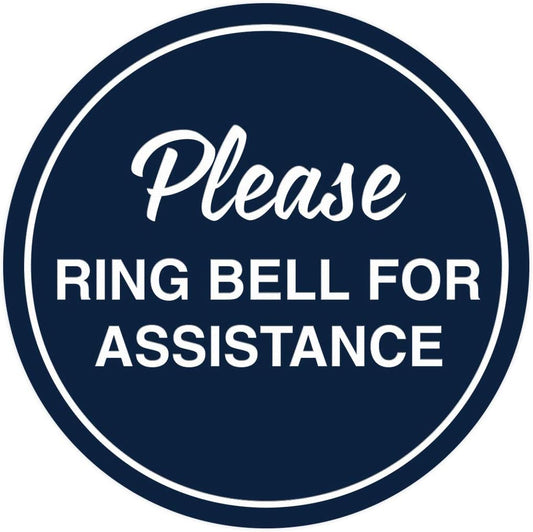 Signs ByLITA Circle Please Ring Bell For Assistance Wall or Door Sign | Easy Installation | Front Desk Reception Sign (Navy Blue/White) - Large (5 Pack)