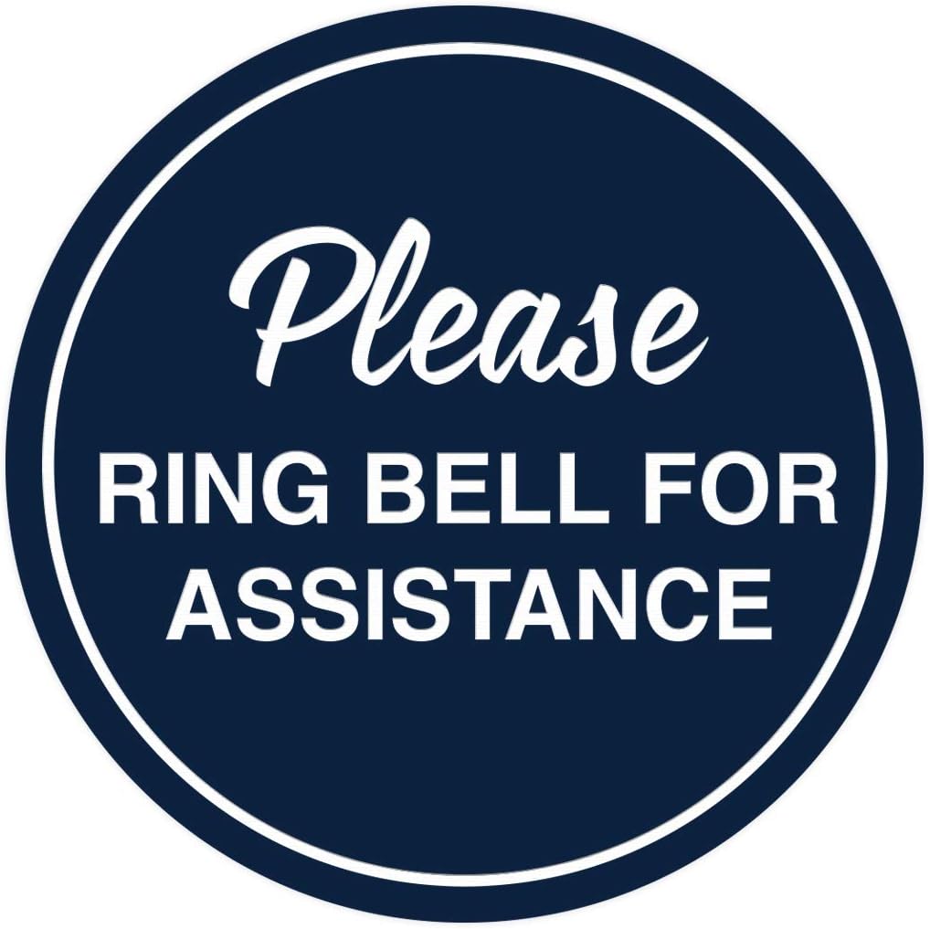 Signs ByLITA Circle Please Ring Bell For Assistance Wall or Door Sign | Easy Installation | Front Desk Reception Sign (Navy Blue/White) - Small (2 Pack)