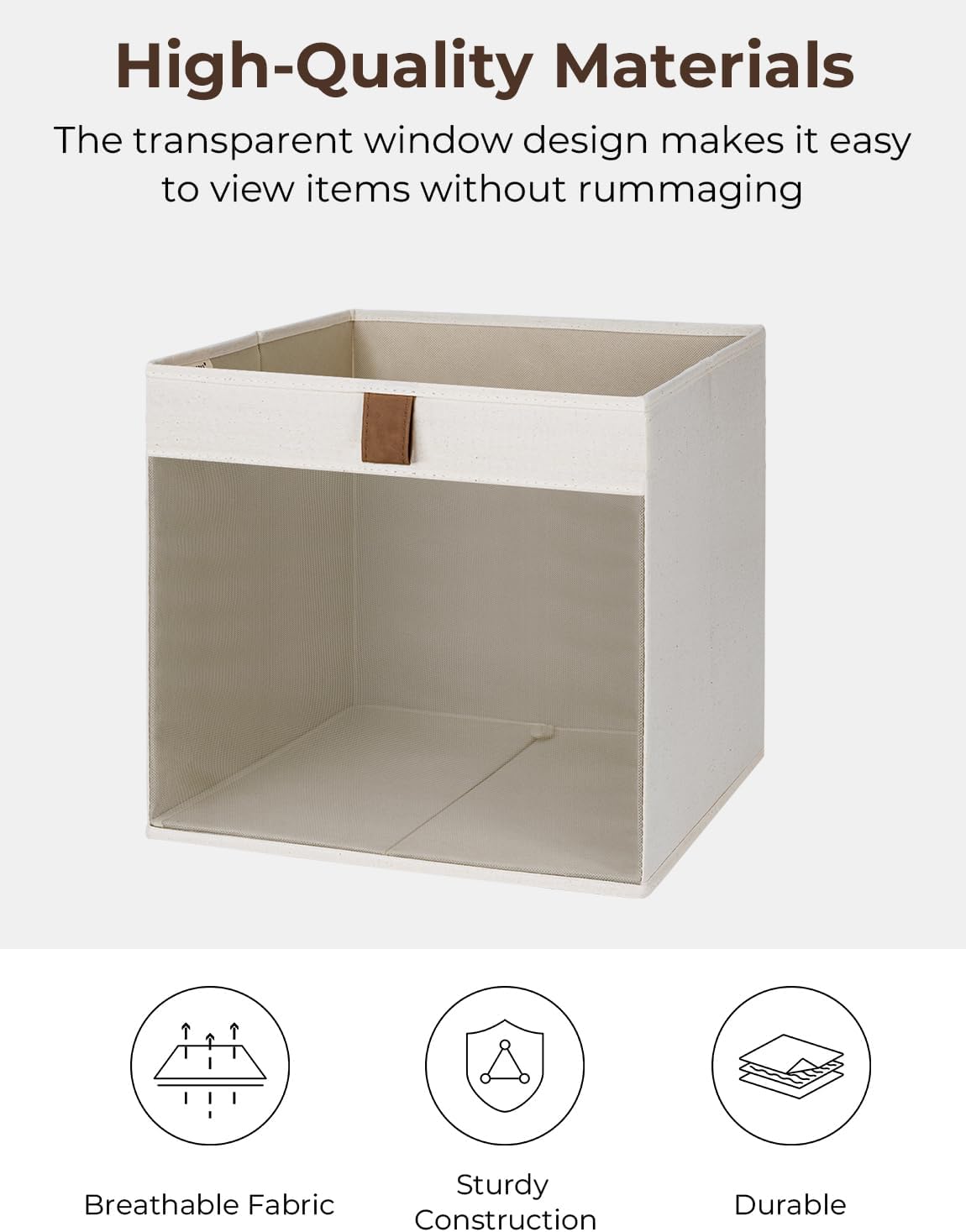 StorageWorks 11x11 Storage Cubes, Closet Storage Bins with Clear Window, Fabric Organizer for Clothes, Collapsible Storage Baskets with PU Handles, Beige, 3-Pack