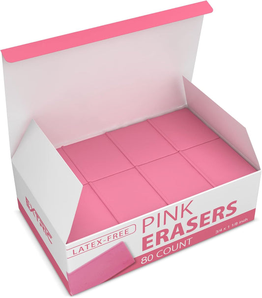 Pink Erasers, 80 Count, Latex Free Eraser for Kids, Square Eraser, Erasers Bulk for School Supplies, Art, and Office Use