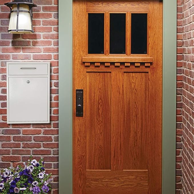 KYODOLED Steel Key Lock Mail Boxes Outdoor, Locking Wall Mount Mailbox, Security Key Drop Box, Collection Boxes,16.2H x 11.22L x 4.72W Inches, White X Large