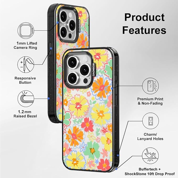 MOSNOVO Case for iPhone 15 Pro, [10ft 4X Military-Grade Drop Protection] Durable & Shockproof Phone Case Cover Design for iPhone 15 Pro - Retro Boho Hippie Flowers - Clear Black