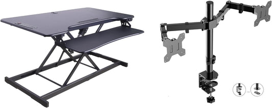 Rocelco 46" Electric Standing Desk Converter with AC Outlet USB Charger and Dual Monitor Arm Mount - Motorized Adjustable Sit Stand Riser - Tabletop Workstation Keyboard Tray - Black (R EDRB-46-DM2)