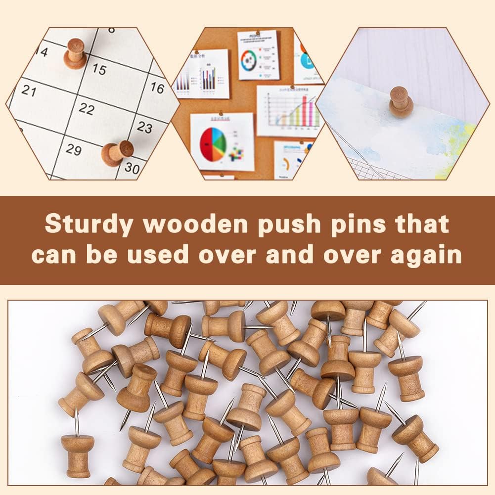 50 Pcs Wooden Push Pins, Decorative Thumb Tacks, Push Pins for Cork Board Head Pin Wood Map Tacks Marking Pin, Wood Thumb Tacks Decorative for Bulletin Boards Craft Projects with Storage Box, Coffee