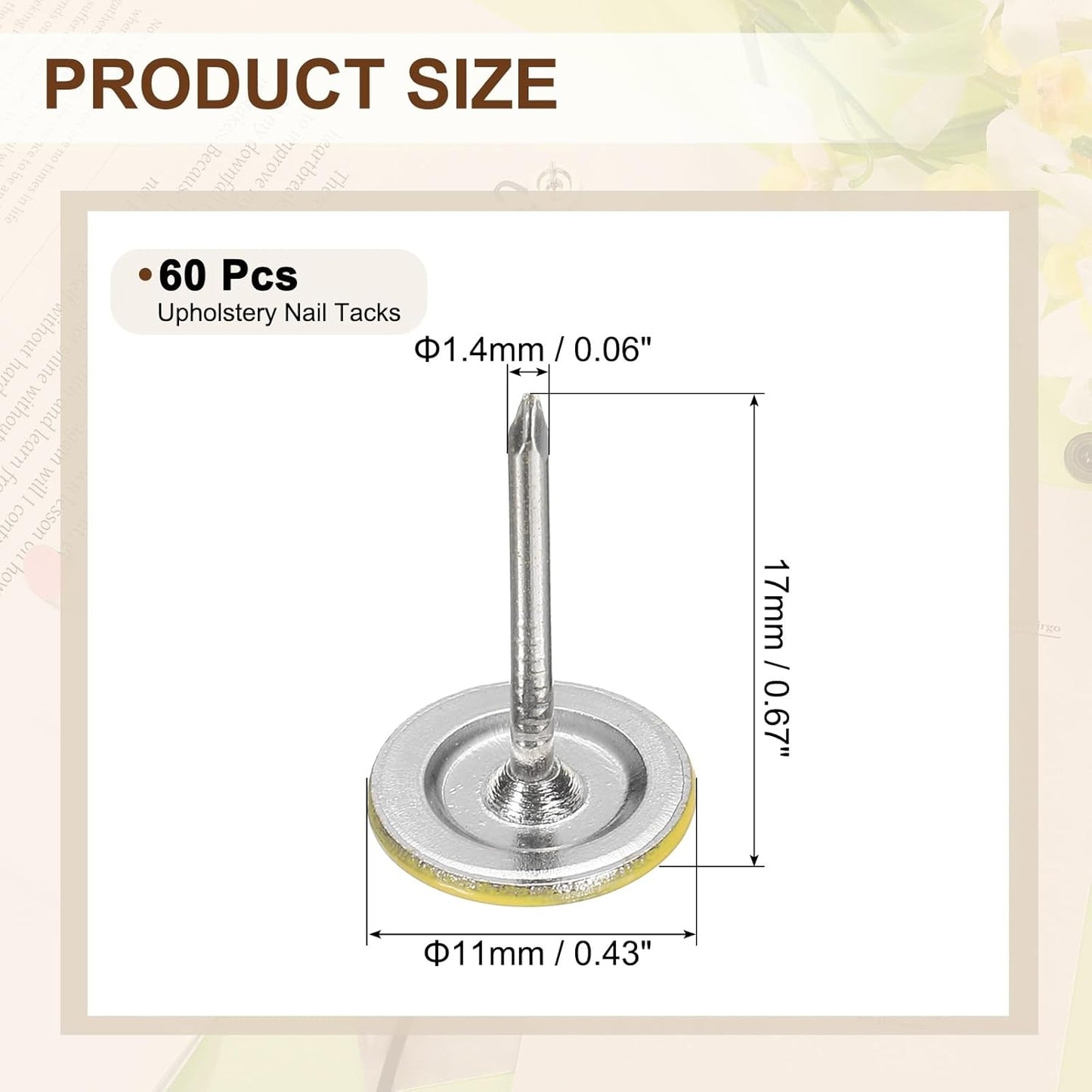 uxcell 60Pcs Upholstery Tacks, 11mmx17mm Flat Head Thumb Tack Decorative Furniture Nails Push Pins for Furniture Sofa Headboards, Yellow