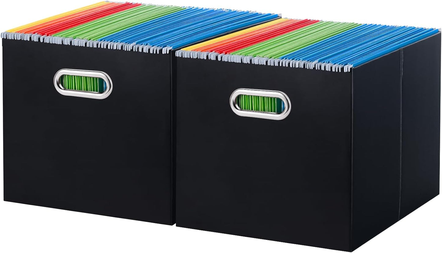 Oterri File Organizer, 2 Packs Large Storage Box, Cardboard File Folder Organizer, Collapsible File Box for Hanging File Folders Letter Size, Portable Filing Organizer with Handle (Black)