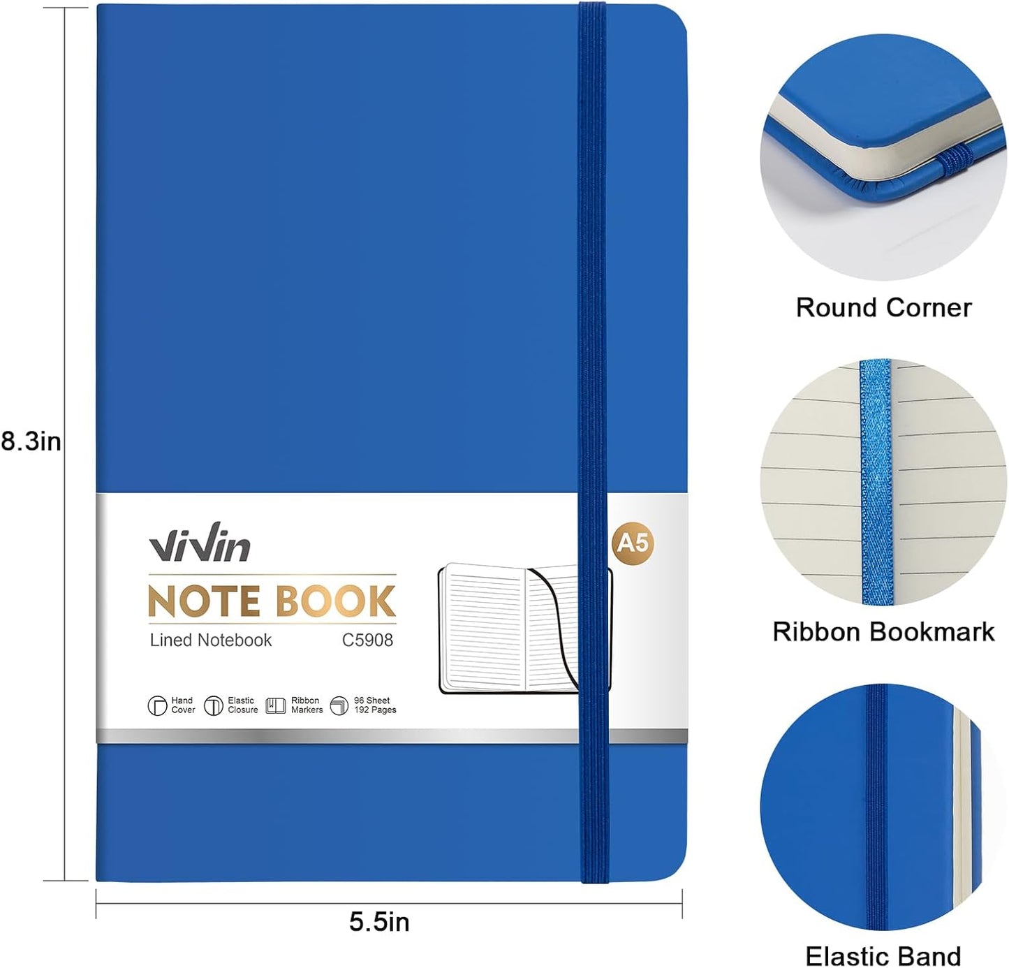 ViVin Lined Journal Notebooks for Work, 192 Pages, Medium 5.5 x 8.3 inch, College Ruled, A5 Hardcover Journaling Notebooks for Writing, 8 Pack Bulk