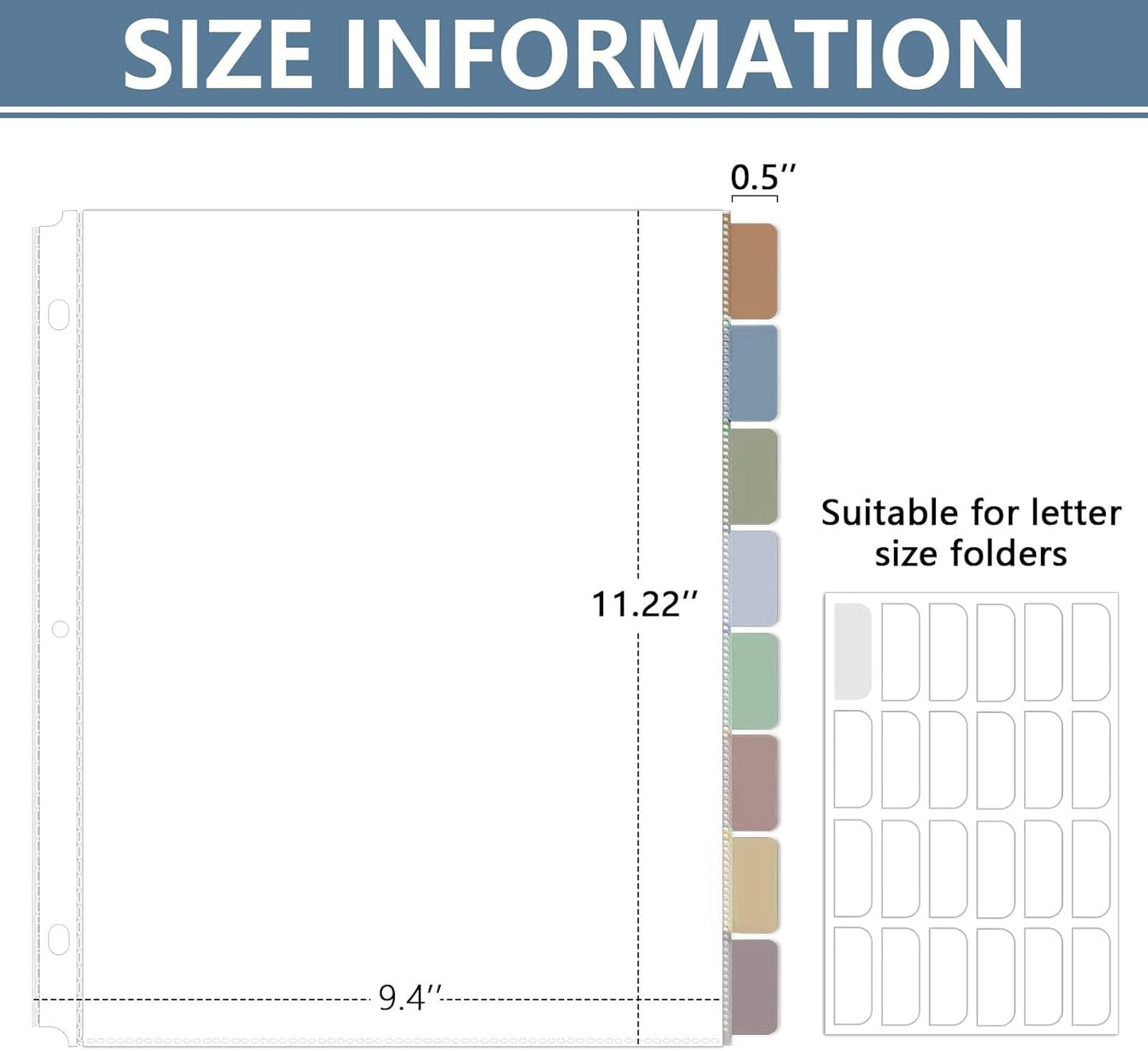 8 Set of 64 Pack Clear Binder Sheet Protectors for 3 Ring Binder Plastic Page Protector with 8 Tabs,Insertable Index Page Divider 8.5x11 Inch（Boho Color）