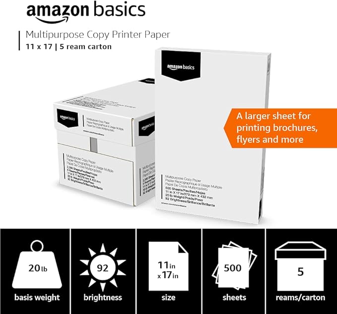 Amazon Basics Multipurpose Copy Printer Paper, 20 lb, 11 x 17 Inches, 5 Reams (2,500 Sheets), 92 Bright, White