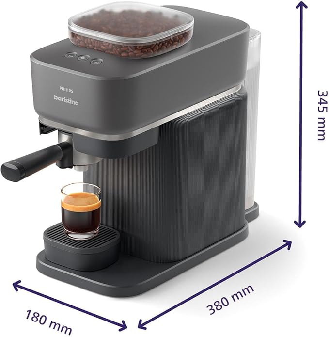 Philips Baristina Espresso Machine+Milk Frother Bundle. Real espresso. Compact coffee machine, portafilter, grinder, Cafe Crema. Dairy & Non-Dairy Milk foam. Hot & Cold. Easy Clean. Black (BAR303/60)