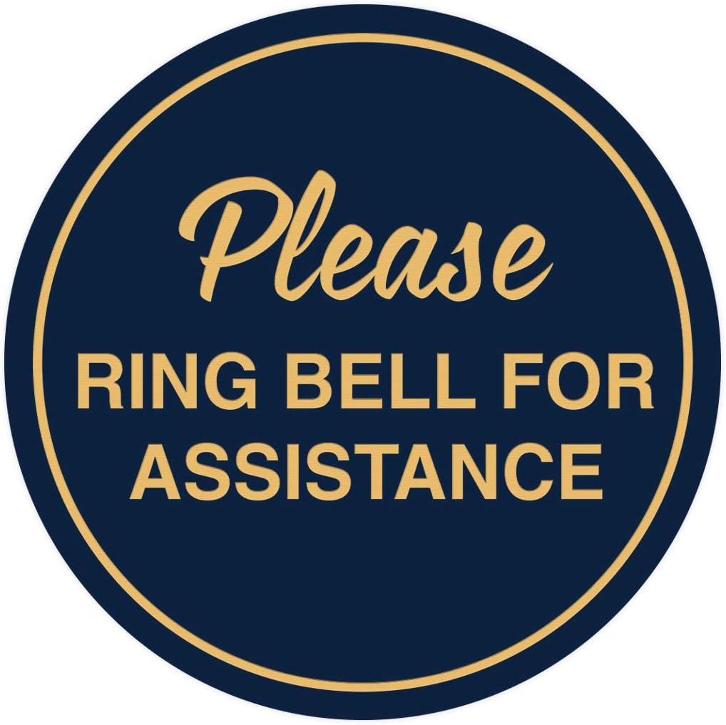 Signs ByLITA Circle Please Ring Bell For Assistance Wall or Door Sign | Easy Installation | Front Desk Reception Sign (Navy Blue/Gold) - Large (5 Pack)