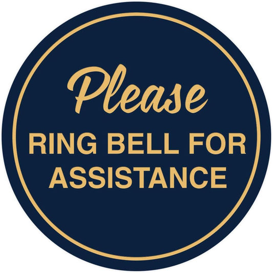 Signs ByLITA Circle Please Ring Bell For Assistance Wall or Door Sign | Easy Installation | Front Desk Reception Sign (Navy Blue/Gold) - Medium (5 Pack)