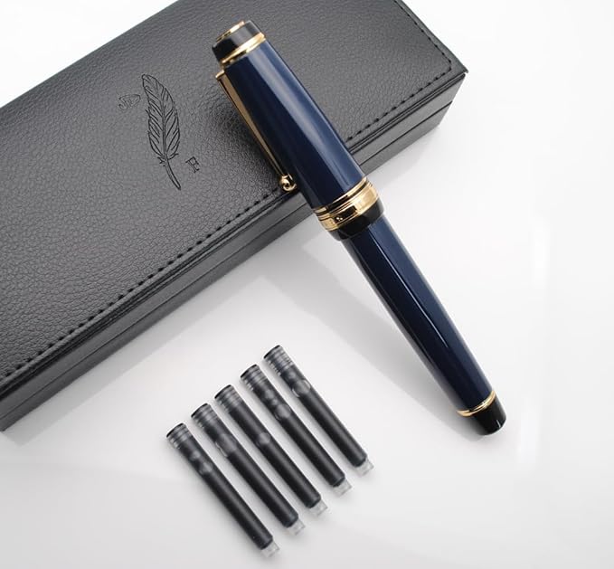 Metal Big Fountain Pen Set Medium Nib 0.7mm, Includes Ink Refill Converter, 5 Ink Cartridges & Gift Box (Medium Nib 0.7mm, Dark Blue)