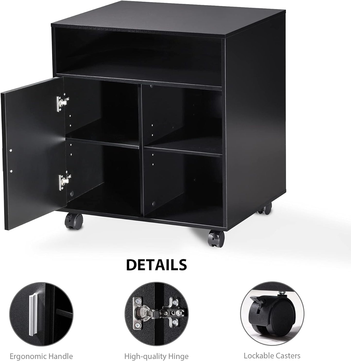 FITUEYES Printer Stand with Storage Adjustable Shelves, Wood Mobile Cart with Door, Rolling File Cabinet on Wheels for Home Office, Black, PS406001WB