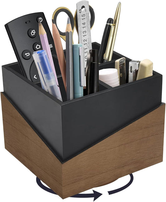 Rotating Pen Holder for Desk, Black Pencil Holder Pen Cup with Wood Grain Veneer, Wooden Desktop Pen Organizer Desk Caddy Organizer for Makeup Brush, Flatware, Remote Control