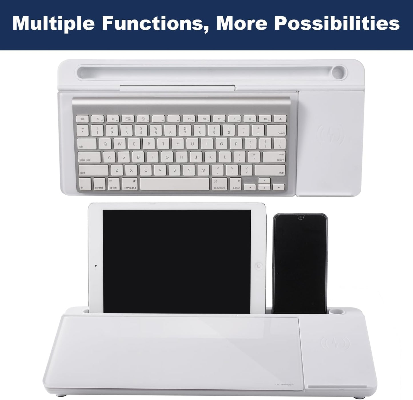 Small Glass Desktop Whiteboard Dry-Erase-Board - Computer Keyboard Stand with Wireless Charger White Board Surface Pad with Drawer, Desk Organizers with Accessories for Office, Home, School Supplies