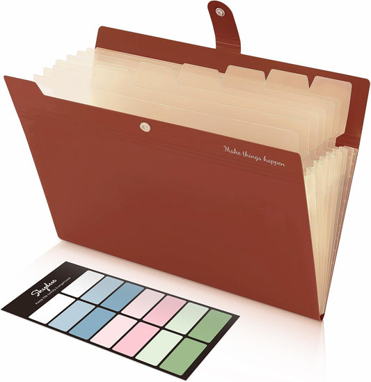 SKYDUE File Folder with Labels, Accordion File Organizer with 8 Pockets, Portable Document Organizer, A4 Letter Size, Paper Organizer for Office, Brown