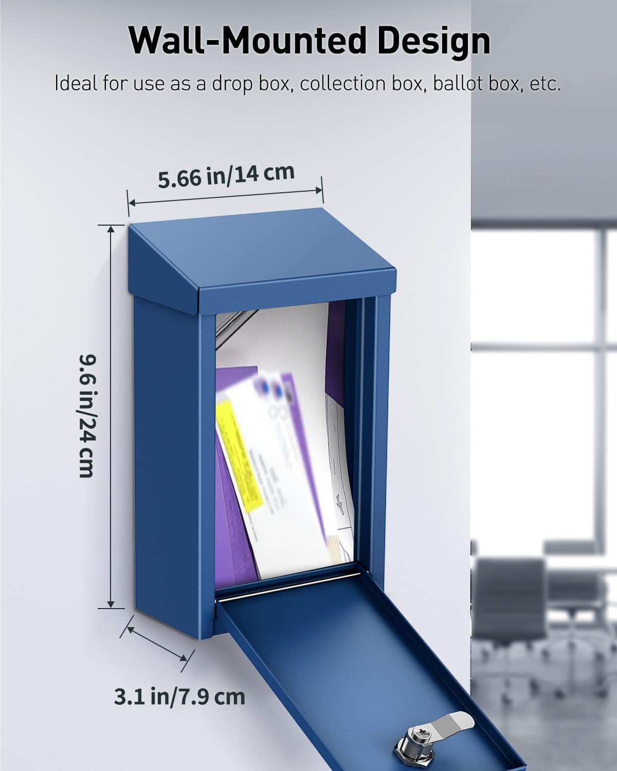 Uniclife Key Drop Box for Outside, Blue Metal Donation Box Collection Boxes with Key Lock, Safe Suggestion Boxes, Wall Mounted Mailbox with Top Slot, Steel Cash Drop Chest for Office Business