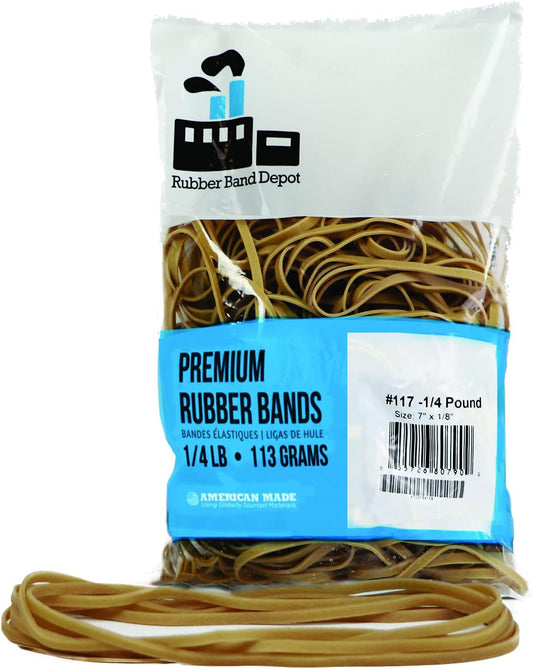 Rubber Band Depot, Size #117, Long Rubber Bands - Rubber Band Measurements: - Approximately 50 Rubber Bands Per Bag - 1/4 Pound Bag